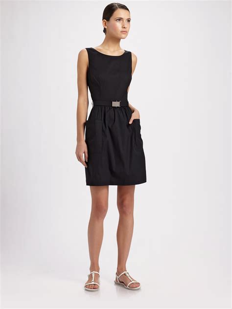 prada formal dresses|Prada sleeveless belted black dress.